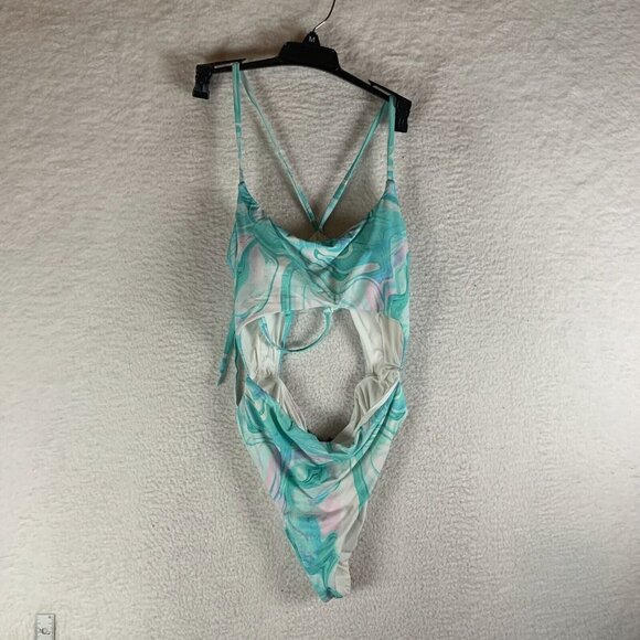Aqua One Piece Swimsuit Women Small Multicolor Swirl Print Cutout‎ Stretch S9789 - Picture 1 of 5